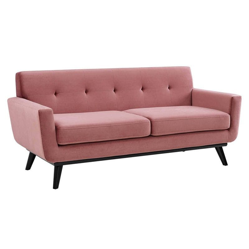 Dusty Rose Velvet Tufted Loveseat with Track Arms and Wood Legs