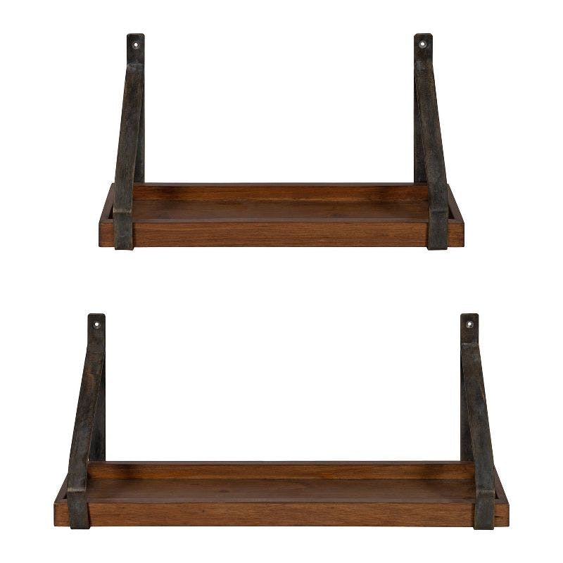 Rustic Brown Wood and Iron Floating Wall Shelf Set