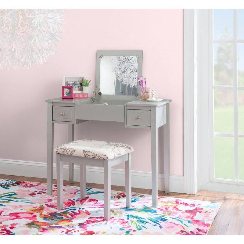 Silver Butterfly 39" Vanity Set with Padded Stool and Flip Top Mirror