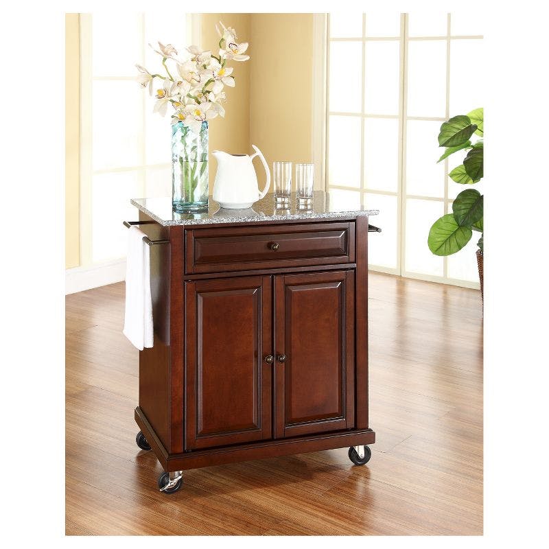 Compact Granite Top Mahogany Kitchen Cart with Ample Storage