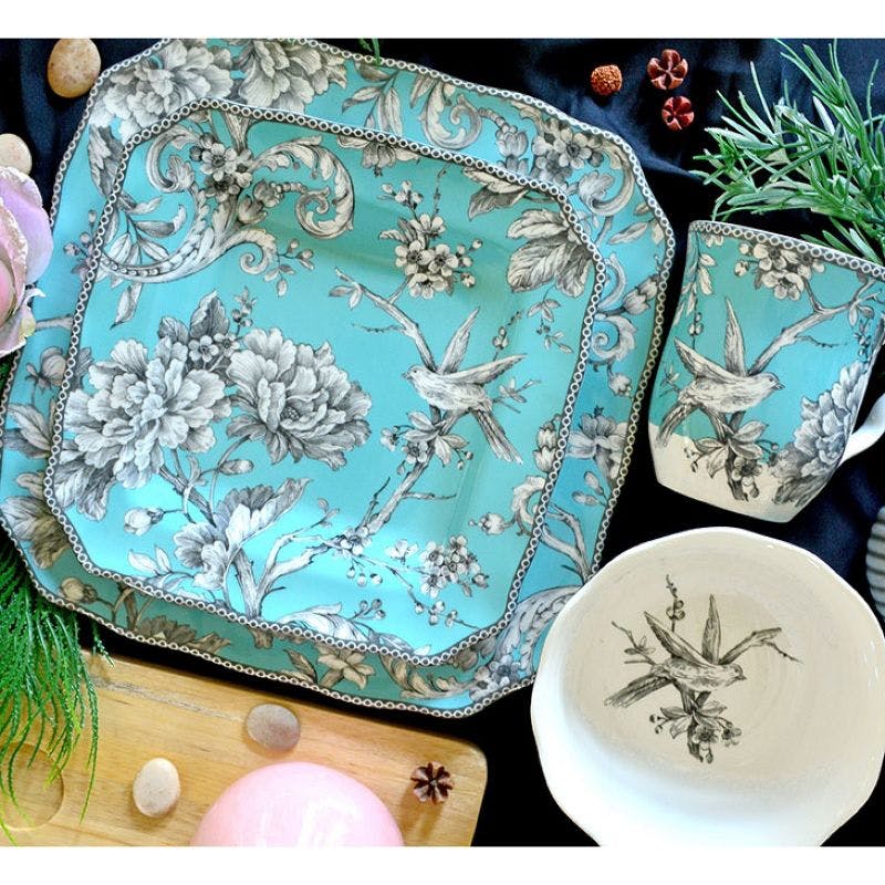 Adelaide Turquoise Toile Porcelain 16-Piece Square Dinnerware Set