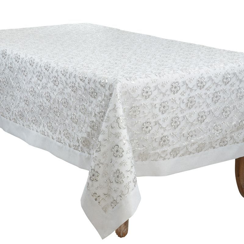 Elegant Floral Embroidered White Polyester 65" Square Tablecloth