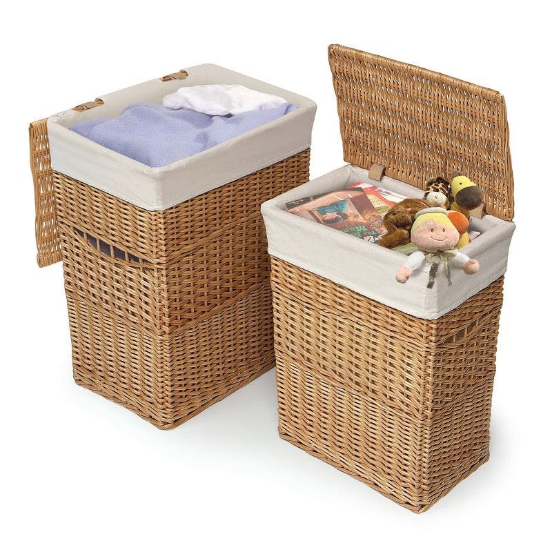 Eco-Friendly Stackable Wicker Hampers with Fabric Liners, Natural Ecru