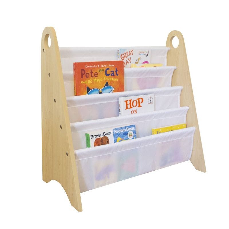 Compact White Modern Kids Sling Bookshelf with Durable Shelves