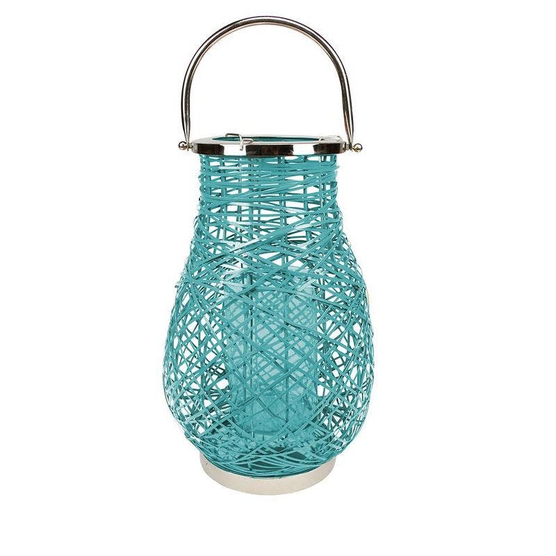 Turquoise Blue Woven Iron 16.25" Hanging Candle Lantern with Glass Hurricane
