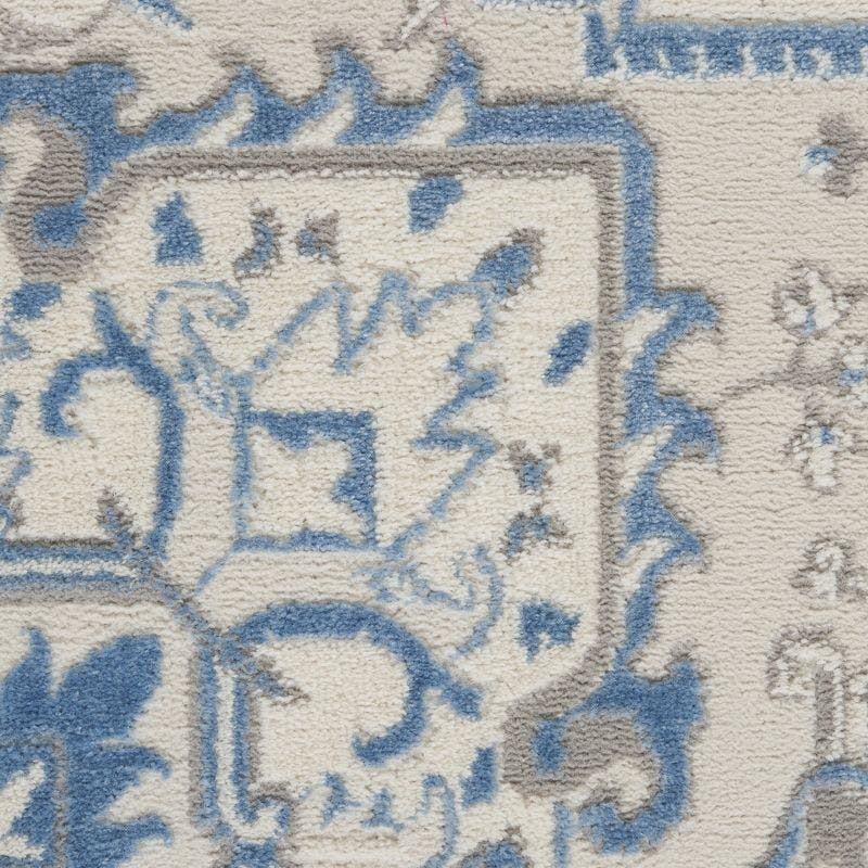 Ivory Blue Floral Medallion Handmade Area Rug 27"x4.7"