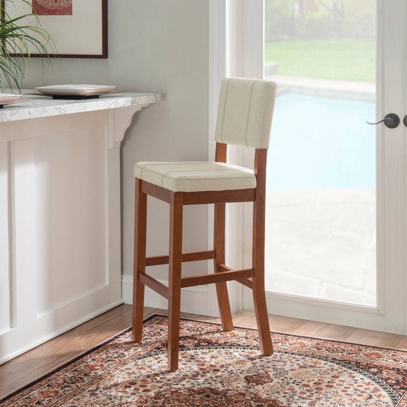Elegant Off-White Leather Barstool with Walnut Wood Frame - 46"
