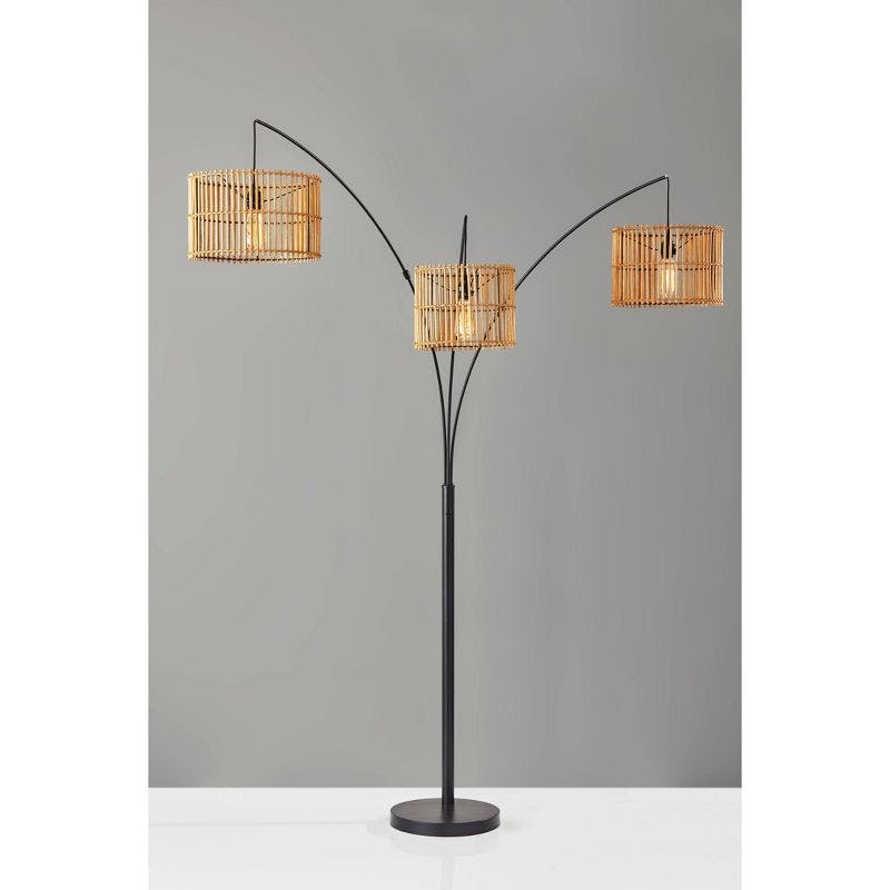 Bohemian Bronze 3-Light Arc Floor Lamp with Rattan Shades