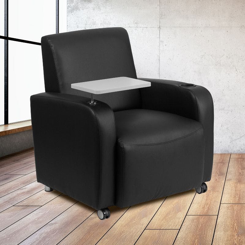 Swivel Black LeatherSoft Guest Chair with Tablet Arm and Cup Holder