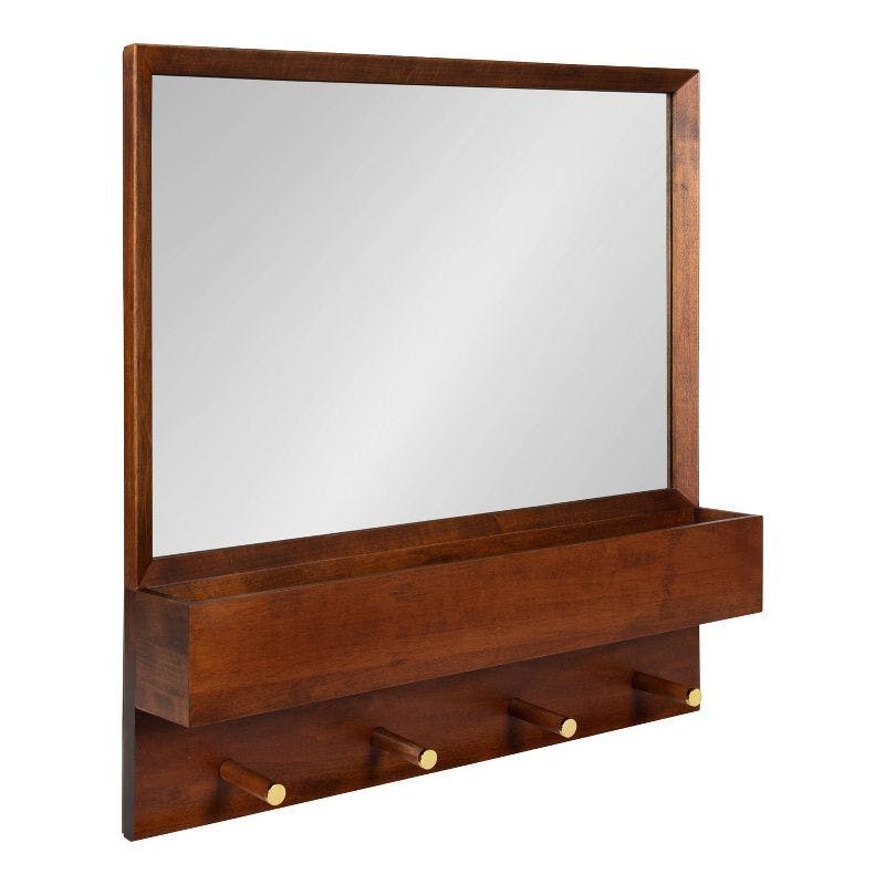 Hinter 24" Walnut Brown Wall Mirror with Storage Shelf and Gold Pegs