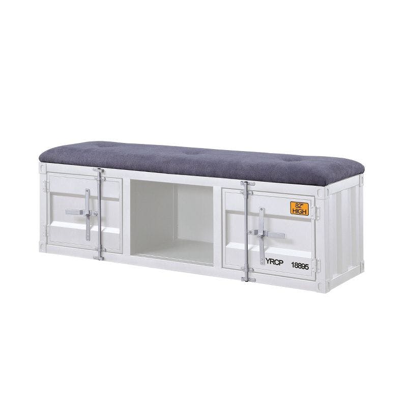Modern Industrial Gray Fabric & White Metal Storage Bench