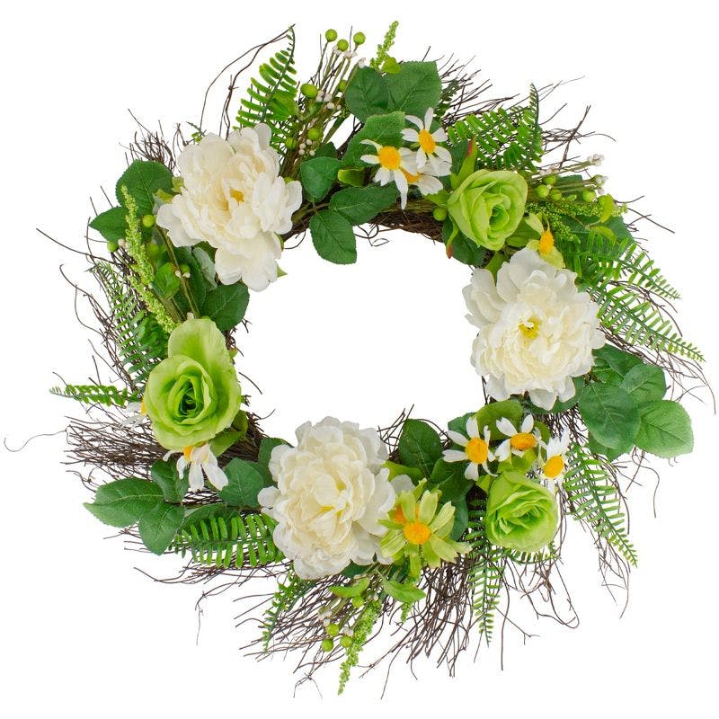 Springtime Elegance 22-inch Green and White Floral Grapevine Wreath