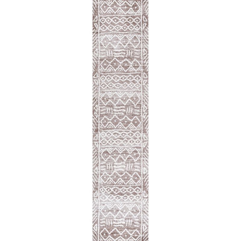 Amanar Ivory and Brown Geometric Synthetic Easy-Care Runner Rug