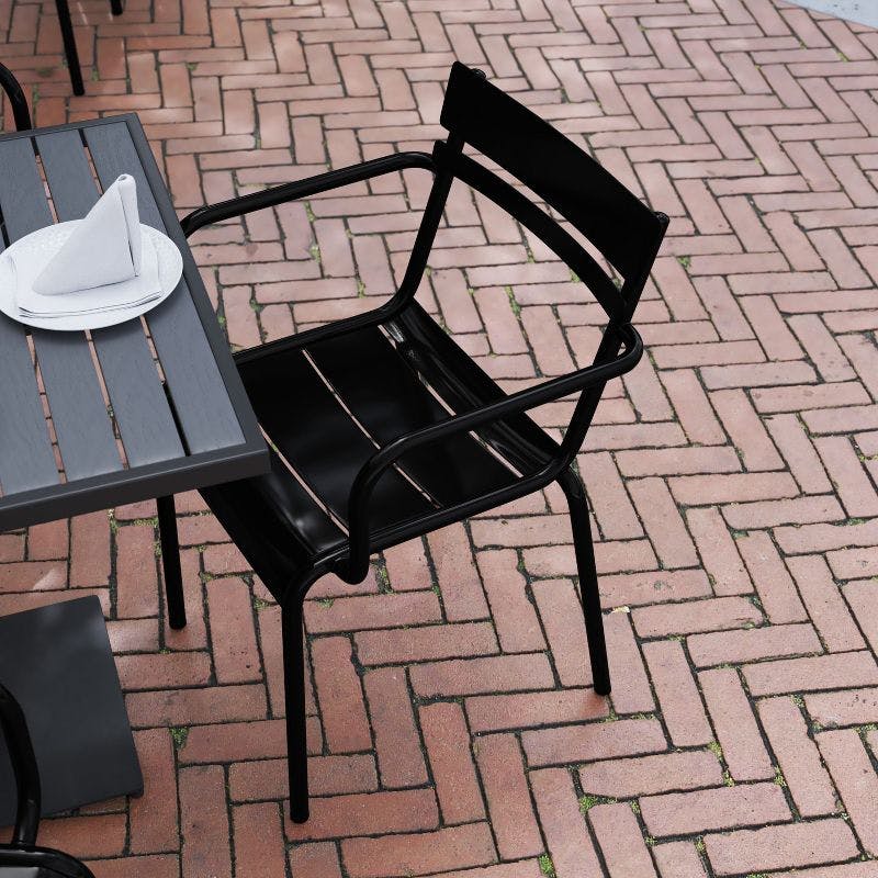 Modern Black Steel Stackable Indoor-Outdoor Dining Chair with Arms