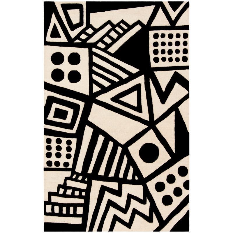 Ivory & Black Geometric Tufted Wool 5' x 8' Area Rug