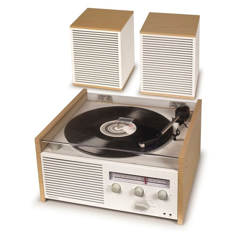 Mid-Century Modern Bluetooth Turntable with AM/FM Radio - White and Natural