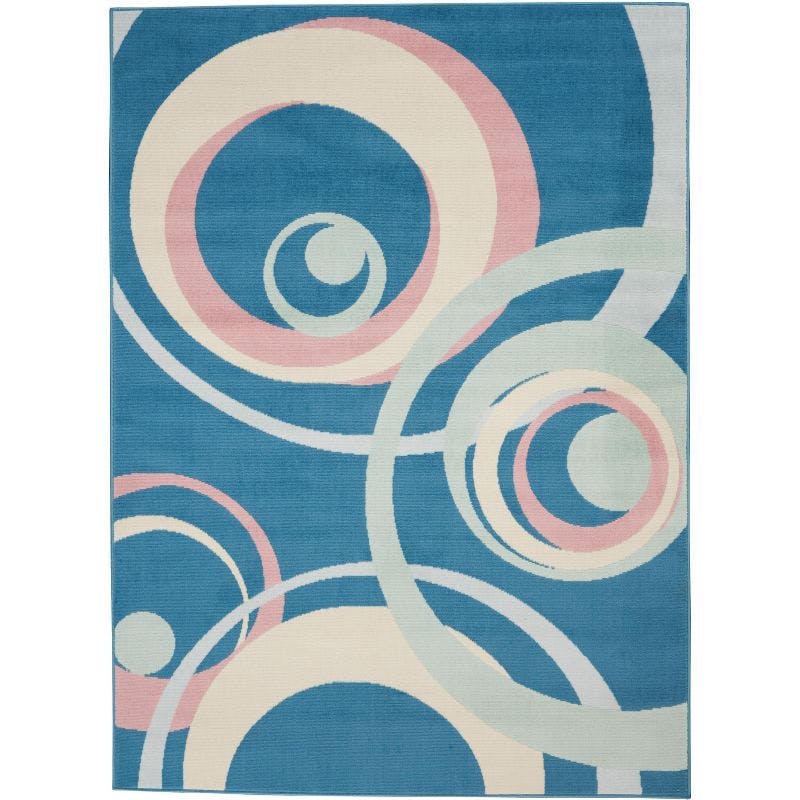 Retro Blue Multi Concentric Ring 6' x 9' Synthetic Area Rug