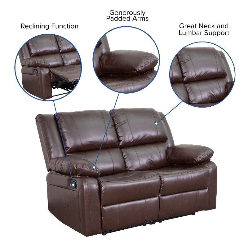 Harmony Series 56'' Brown Faux Leather Pillow-Top Loveseat Recliner