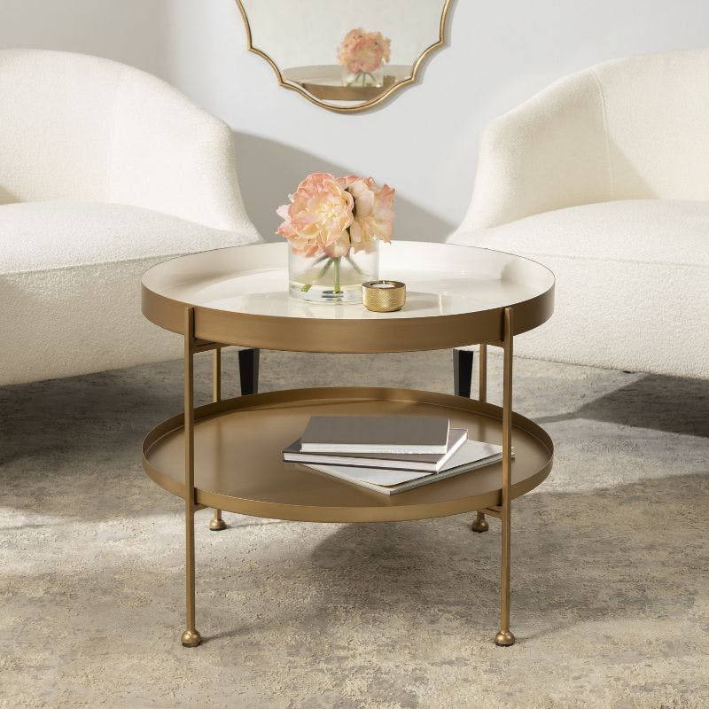 Nira Modern White and Gold Round Metal Coffee Table