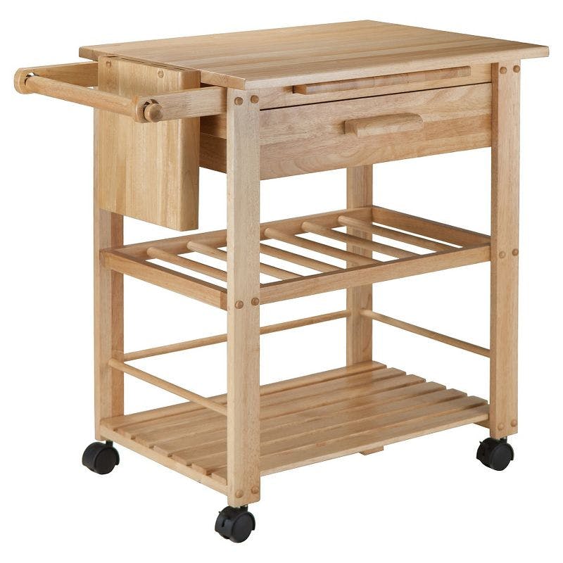 Transitional Brown Wood Kitchen Cart with Wine Storage and Knife Block