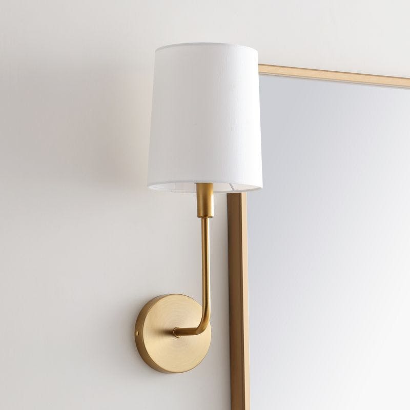 Contemporary Brass Gold Wall Sconce with Off-White Cotton Shade
