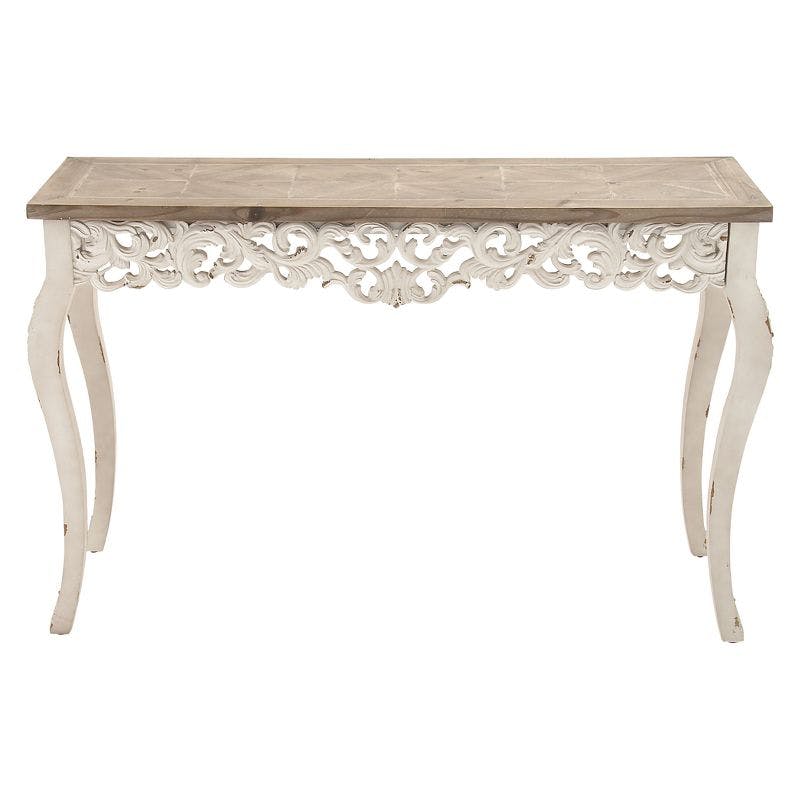 Elegant Farmhouse 46" White and Brown Wood Carved Console Table