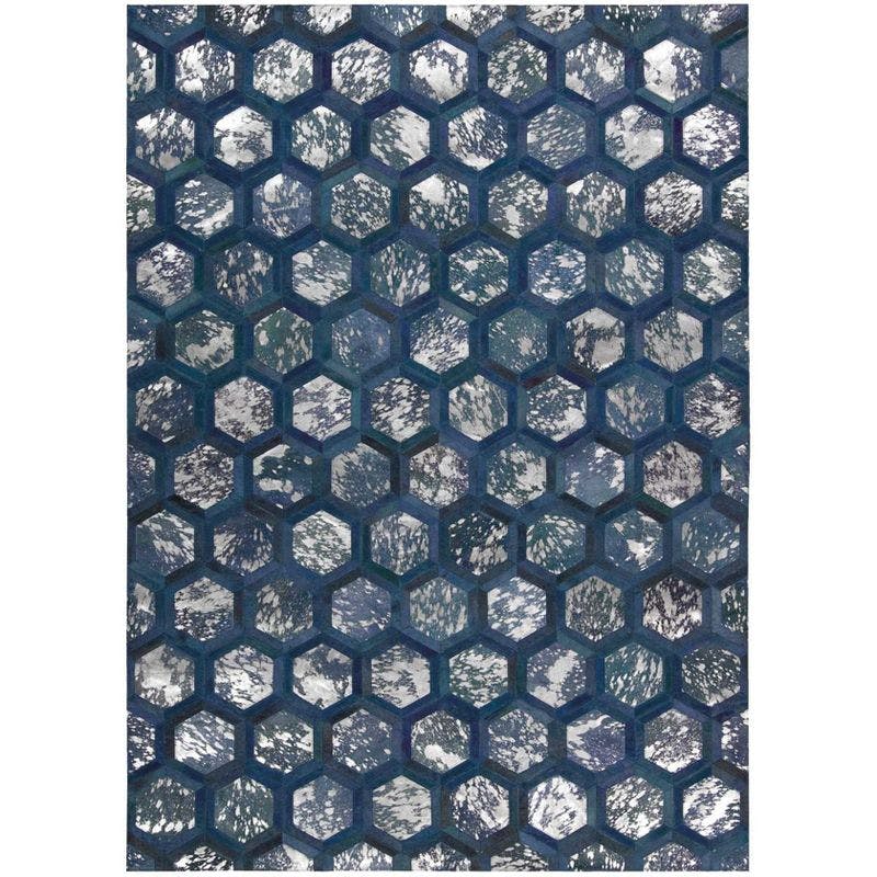 Cobalt Geometric Cowhide 8' x 10' Handmade Area Rug