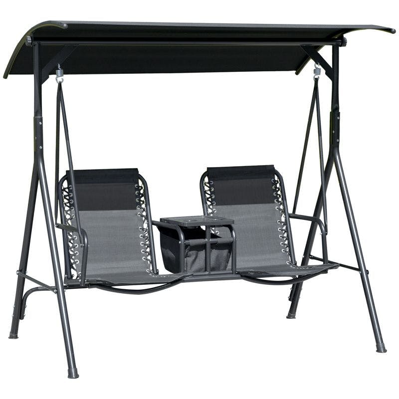 Deluxe Black Covered Porch Swing with Adjustable Canopy and Storage