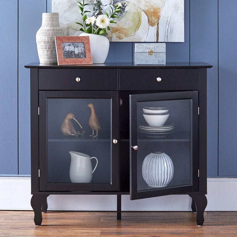 Petite Queen Anne Black Buffet with Tempered Glass Doors