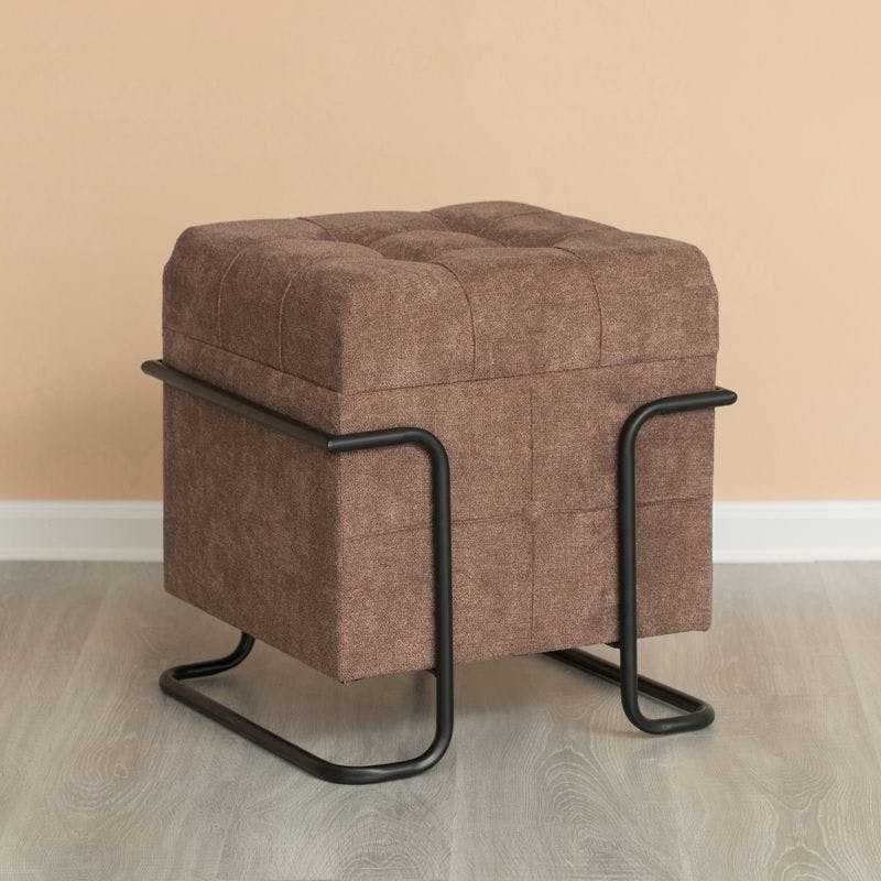 Modern Square Brown Fabric Storage Ottoman with Black Metal Frame