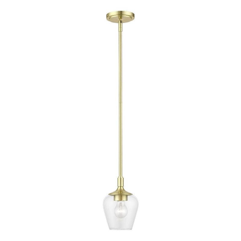 Elegant Transitional Satin Brass 1-Light Pendant with Clear Glass Shade