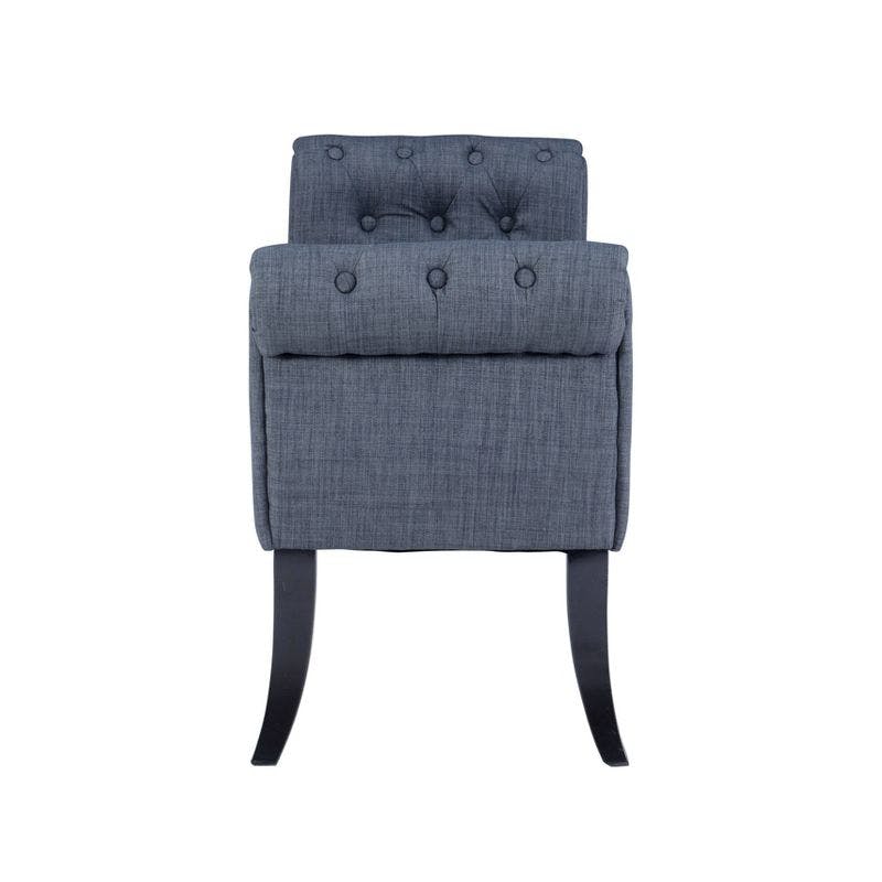 Charcoal Tufted Linen Roll Arm Bench with Espresso Legs