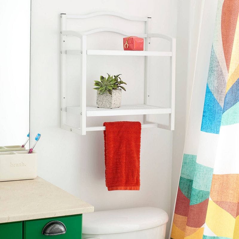 Elegant White Metal Mesh 2-Tier Wall Storage Shelf with Towel Bar