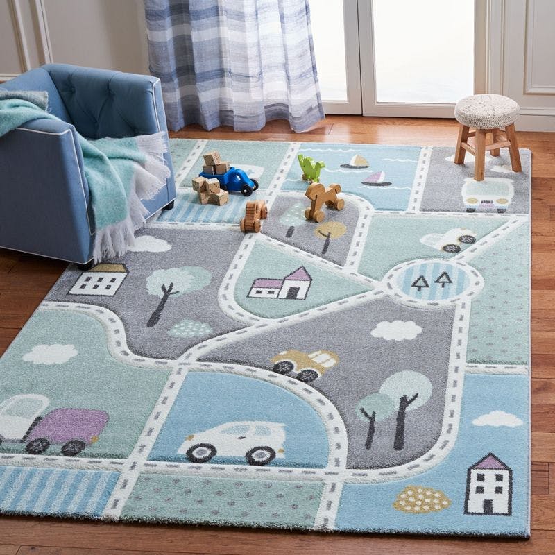 Enchanted Square Grey & Light Blue Kids' Play Rug - Easy Care Synthetic