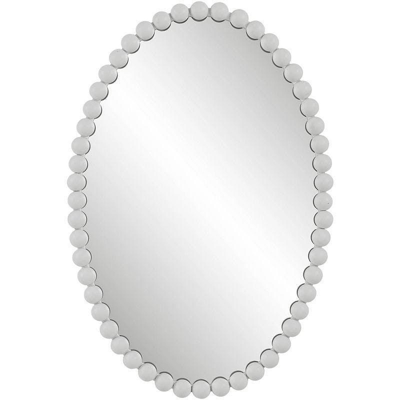 Contemporary Matte White Beaded Oval Wood Wall Mirror 20" x 30"