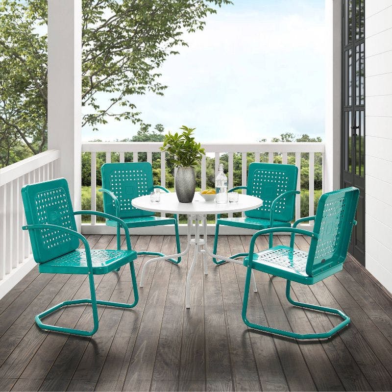 Vintage Turquoise Metal 5pc Outdoor Dining Set with Basket Weave Chairs
