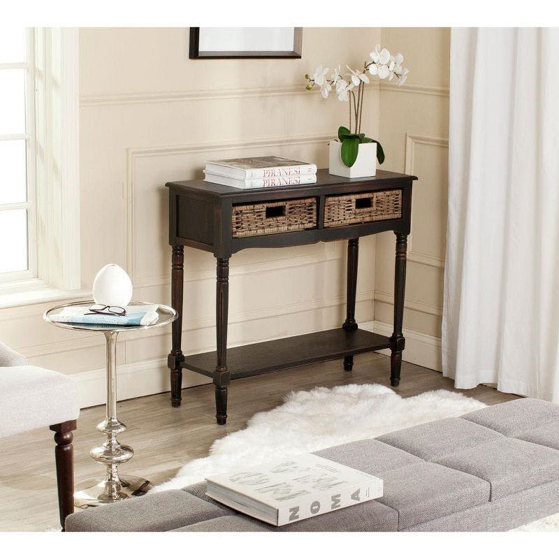 Transitional Brown Pine Console Table with Rattan Drawers