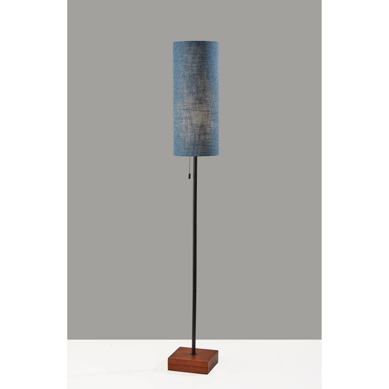 Walnut and Textured Blue Modern Floor Lamp with Fabric Shade