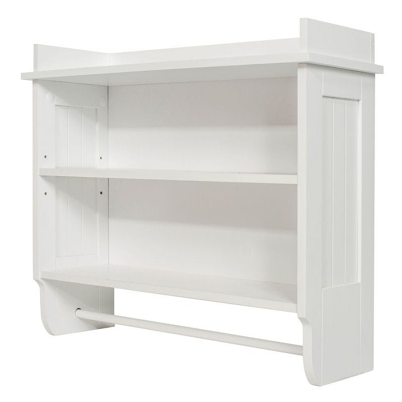 Elevated White Wooden Floating Wall Shelf with Towel Bar