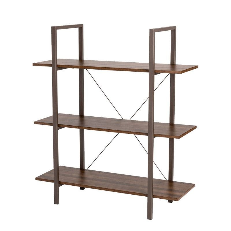 Rustic Brown Wooden 3-Tier Ladder Bookcase with Large Capacity Shelves