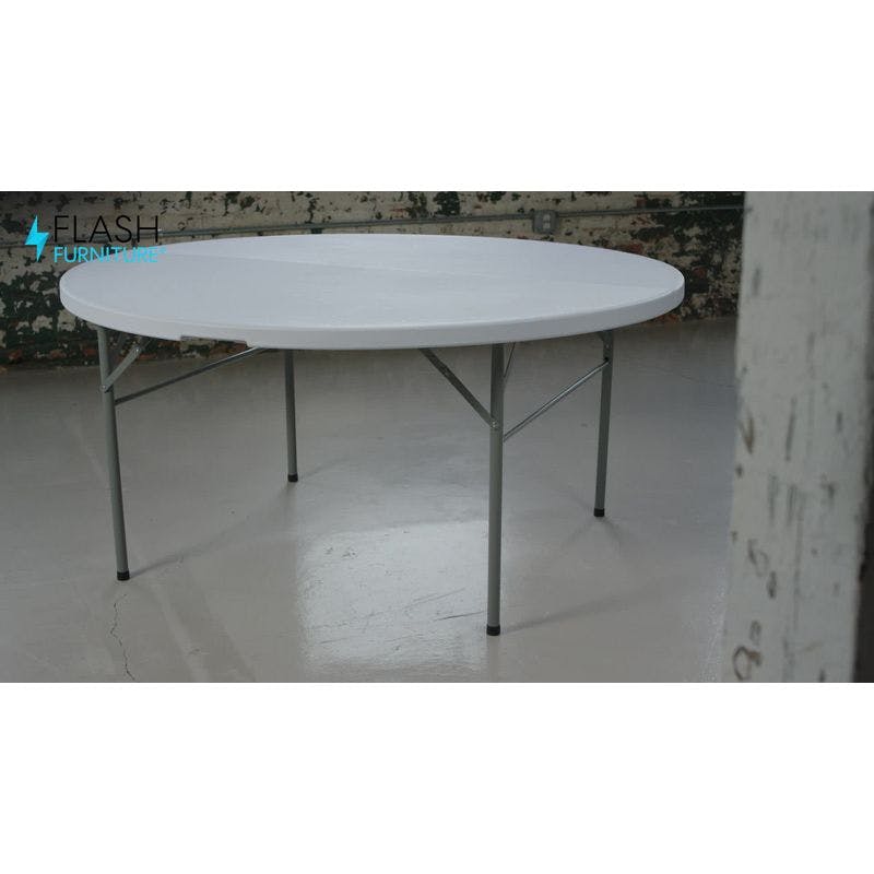 Granite White 60'' Round Bi-Fold Table with Metal Frame and Handle