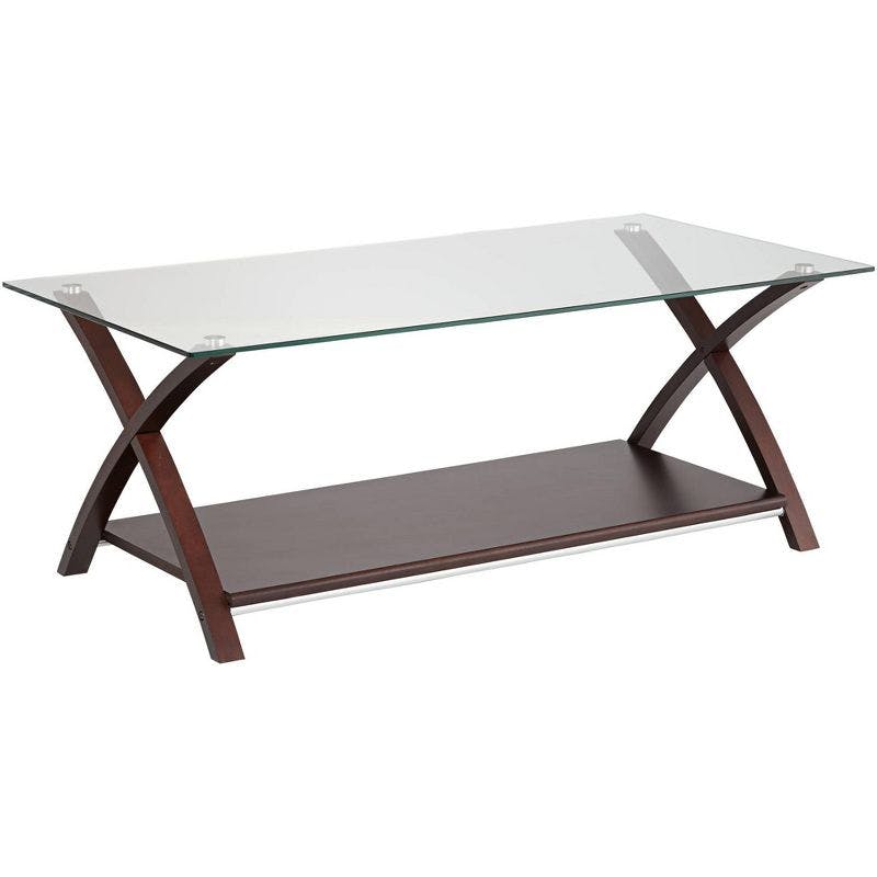 Espresso Brown Wood & Tempered Glass Rectangular Coffee Table with Shelf