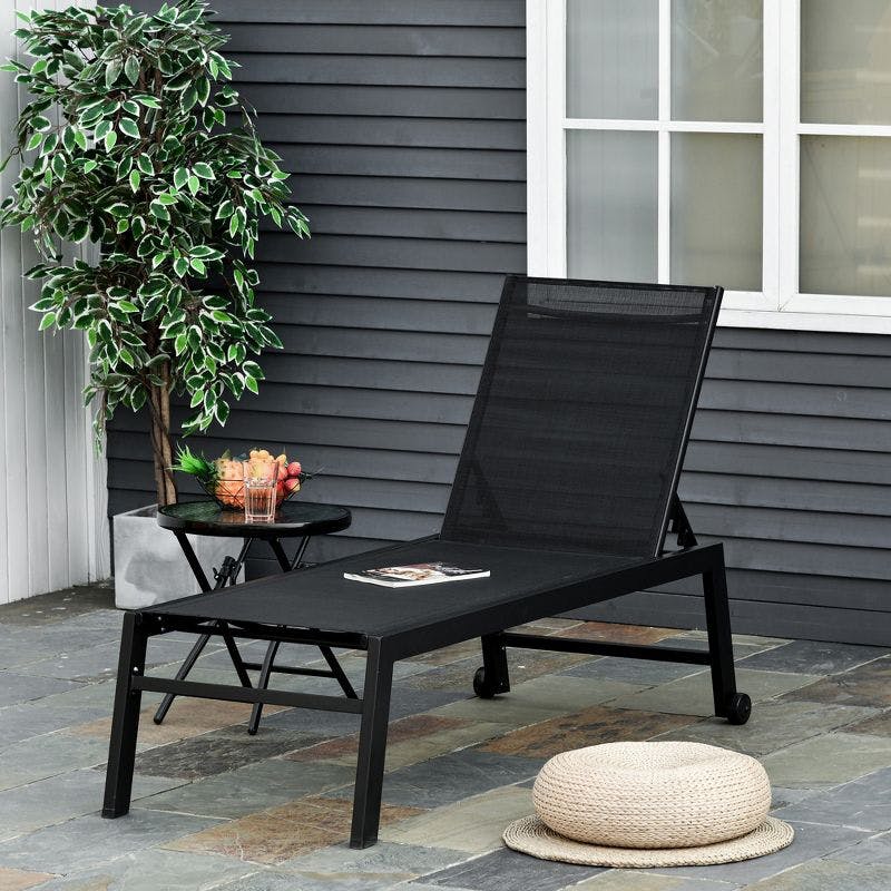 Coastal Breeze Black Outdoor Chaise Lounge with 5-Position Backrest and Wheels