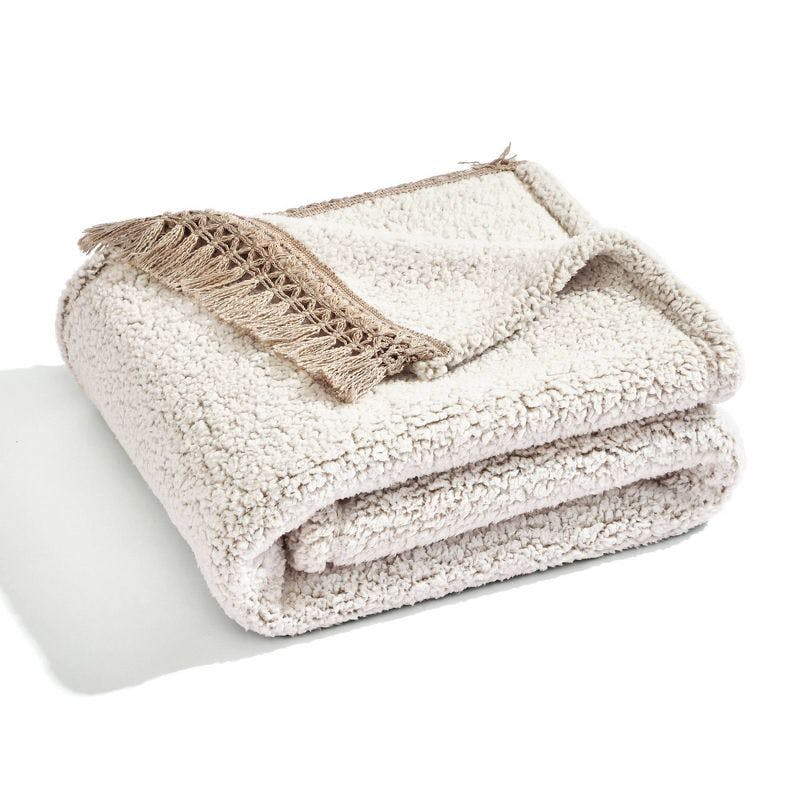 Cozy Sherpa Tassel Fringe Reversible Throw Blanket, 60x50, Neutral