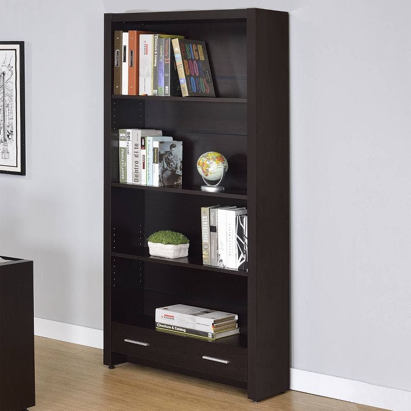 Transitional Skylar 70.75" Cappuccino Wood Bookcase with Storage Drawer