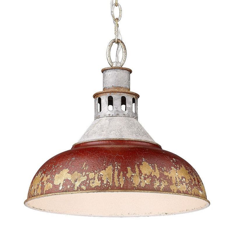 Rustic 13" Vintage Steel Pendant with Antique Red Shade
