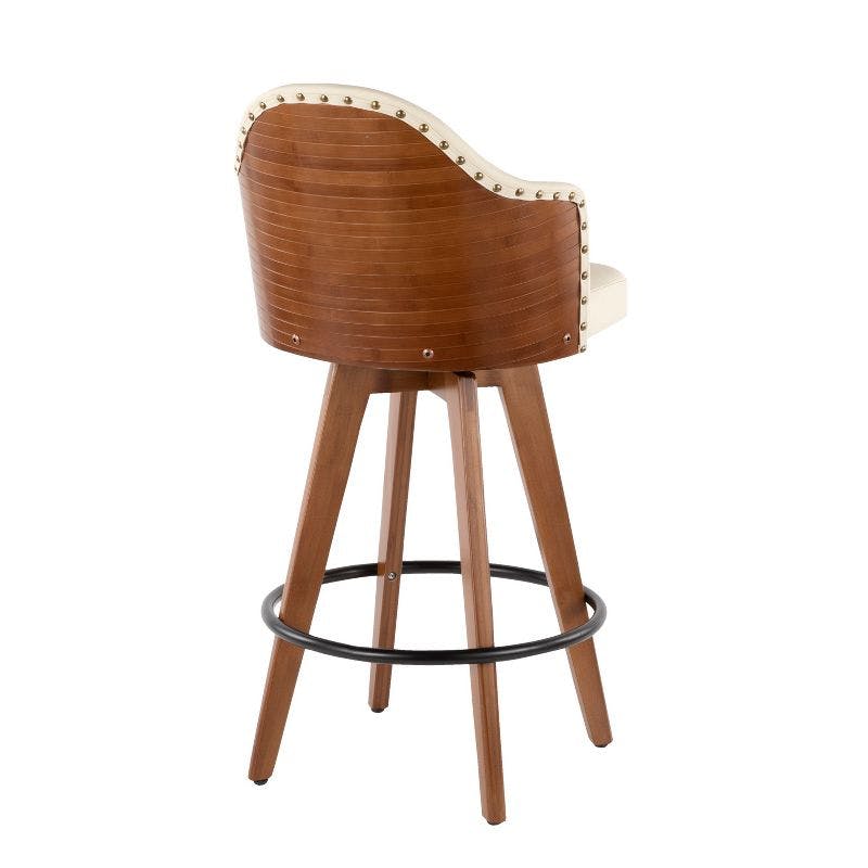 Cream Faux Leather and Walnut Wood 20" Modern Swivel Counter Stool