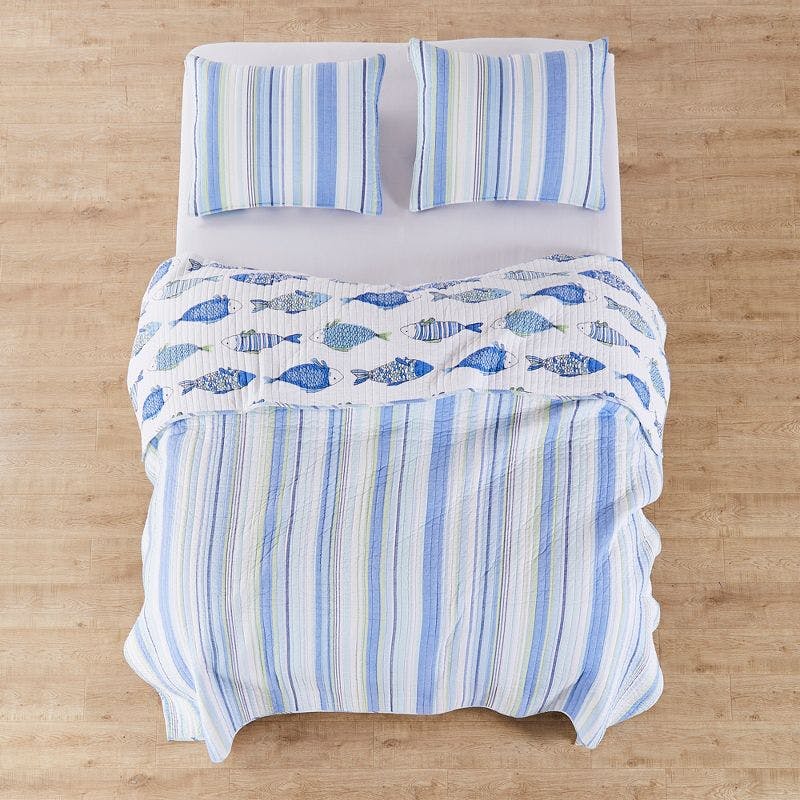 Catalina Coastal Twin Quilt Set with Reversible Fish Print in Blue and Green