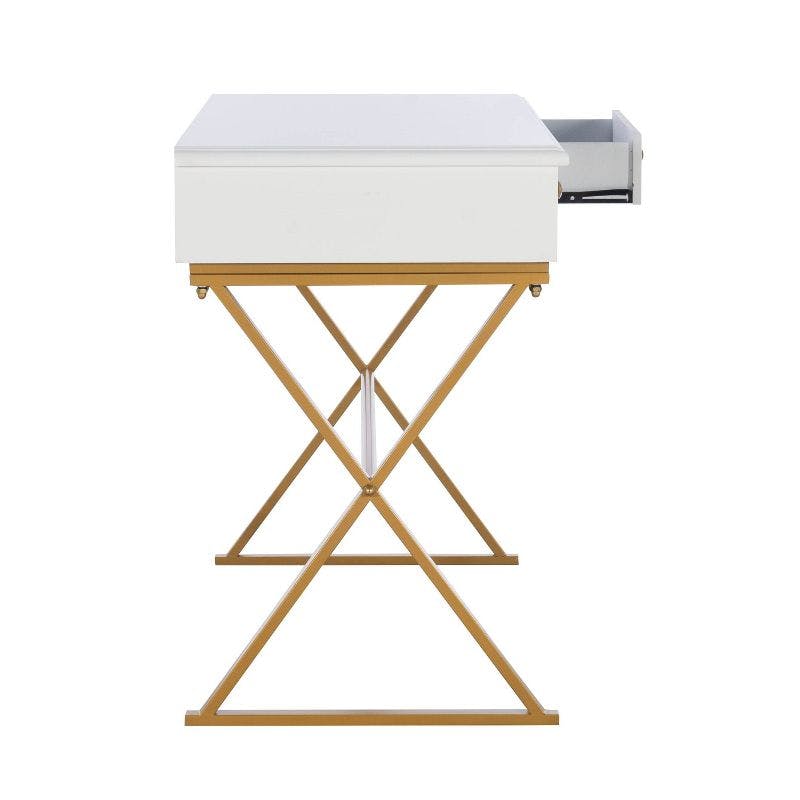 Trestle-Style White and Brass 2-Drawer Campaign Desk