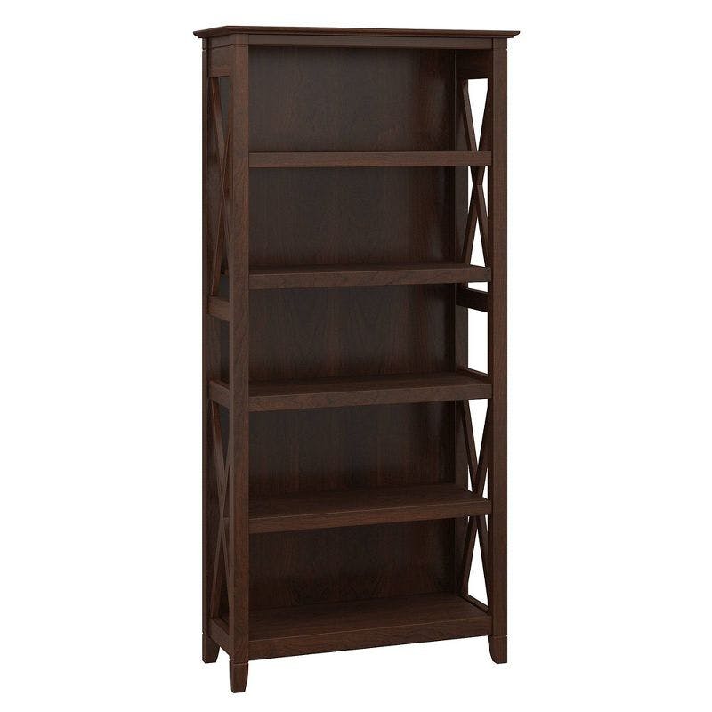 Transitional Bing Cherry Adjustable Wood Bookcase with X-Pattern Accents